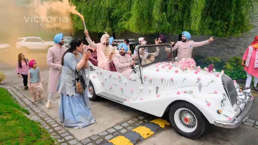 Decorated cars at a wedding